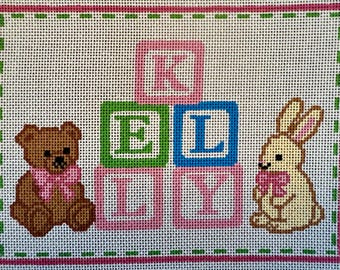 Custom Baby Name Needlepoint Canvas – Personalized Alphabet Blocks Nursery Canvas – Hand Painted 18 Mesh