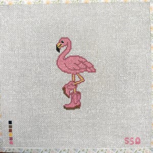 May include: A pink flamingo wearing pink boots is depicted in a cross-stitch design. The flamingo stands on one leg with its head turned to the left. The background is a white grid with a floral border.