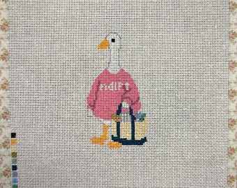 Preppy Porch Goose Needlepoint Canvas | Pink NDLPT Sweatshirt Goose | Beginner Needlepoint Canvas | Hand Painted 18 Mesh
