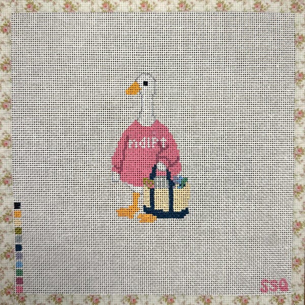 Preppy Porch Goose Needlepoint Canvas | Pink NDLPT Sweatshirt Goose | Beginner Needlepoint Canvas | Hand Painted 18 Mesh