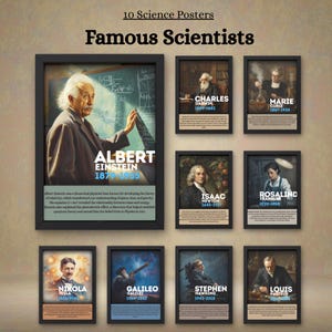 May include: A collection of ten framed science posters titled Famous Scientists, featuring portraits and biographical text for Albert Einstein, Charles Darwin, Marie Curie, Isaac Newton, Rosalind Franklin, Nikola Tesla, Galileo, Stephen Hawking, and Louis Pasteur.
