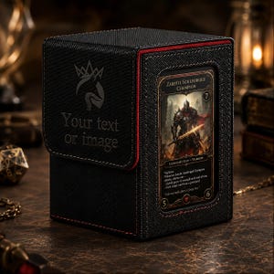 Può includere: Un portamazzo nero testurizzato con cuciture rosse e patta magnetica, caratterizzato da un logo a corona e dal testo Your text or image. La finestra frontale contiene una carta Zareth, Soulforged Champion con un guerriero.