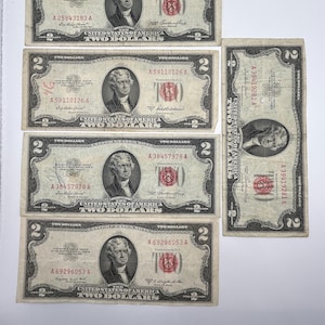 Lot of Five (5) 1953 Two Dollar Red Seal Notes - Circulated Condition