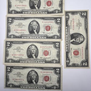 Lot of Five (5) 1963 Two Dollar Red Seal Notes - Circulated Condition