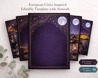 Plantilla de menú de 5x7 inspirada en ciudades europeas, Viaje de ensueño bajo el cielo nocturno (Descarga digital)