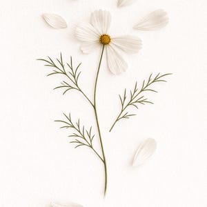 May include: A white cosmos flower with a yellow center and delicate petals, along with detached petals and a small bud, arranged on a white background. The flower has a slender green stem and fine green leaves.