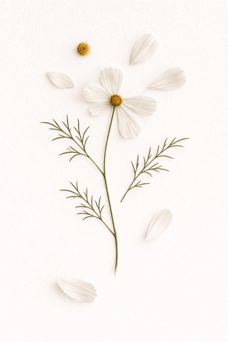 May include: A white cosmos flower with a yellow center and delicate petals, along with detached petals and a small bud, arranged on a white background. The flower has a slender green stem and fine green leaves.