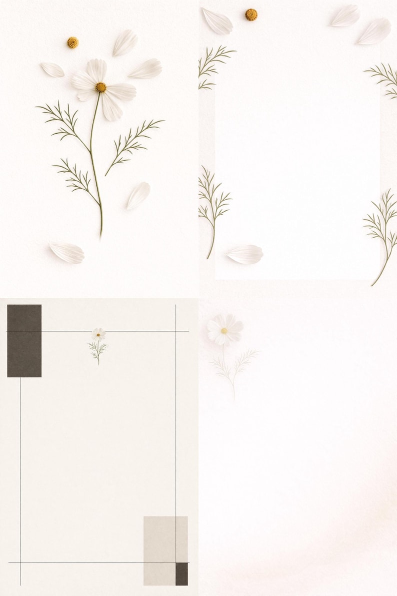 May include: A collection of floral design elements on a white background. The image features a white cosmos flower with yellow center, scattered petals, and sprigs of green foliage. Additional elements include small gold accents and geometric shapes.