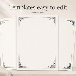 Könnte beinhalten: Drei weiße Vorlagen mit verzierten Eckdesigns werden angezeigt. Der Text "Templates easy to edit" steht oben. Zwei kleine beige Quadrate auf der rechten Seite lauten "3 Templates Included" und "Editable in Canva".