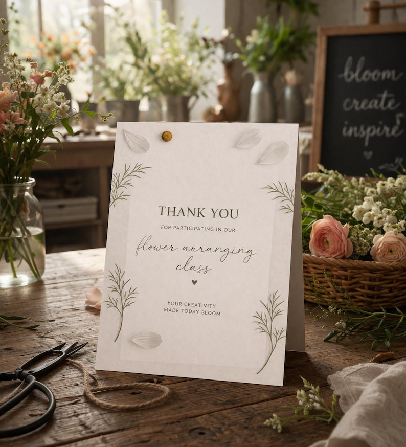 May include: A thank you card for a flower arranging class, with the text "THANK YOU" and "flower arranging class". The card is decorated with leaf illustrations and a gold push pin. A chalkboard with the words "bloom create inspire" is in the background.