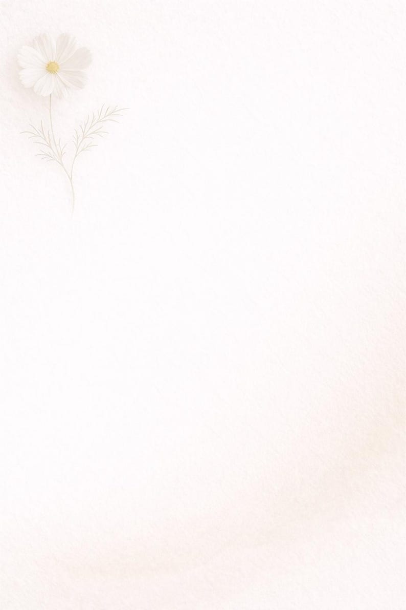 May include: A delicate white cosmos flower with a yellow center and slender green stem and leaves. The flower is set against a soft, off-white background, creating a minimalist and serene aesthetic. Ideal for floral art or botanical prints.