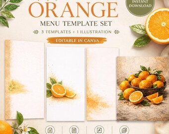 Conjunto de plantillas de menú Naranja besada por el sol, diseño de Canva para bistró cítrico, menú de cafetería editable, paquete de arte de naranja mediterránea