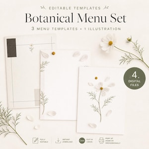 May include: A set of botanical menu templates with a minimalist design. The templates feature floral illustrations and the text "Botanical Menu Set". The image includes the text "4. DIGITAL FILES".