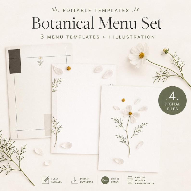 May include: A set of botanical menu templates with a minimalist design. The templates feature floral illustrations and the text "Botanical Menu Set". The image includes the text "4. DIGITAL FILES".