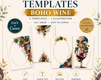 Paquete de plantillas de menú de vinos estilo bohemio / Plantillas editables de Canva de 5x7 / Menú colorido para bodas en viñedos / Letreros para restaurantes