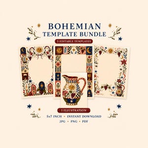May include: A digital art bundle featuring three editable templates with a bohemian theme. The templates have decorative borders with suns, moons, stars, and floral elements. A central illustration shows a decorative pitcher. The text reads "BOHEMIAN TEMPLATE BUNDLE".