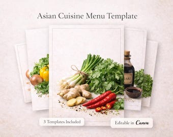 Plantilla de menú de cocina asiática, tarjeta de recetas editable, decoración de cocina moderna (5x7)