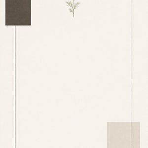 May include: Abstract art print featuring a white flower with a yellow center and green stem. The artwork includes a black square and a light brown square, connected by black lines, on a cream background. The design is minimalist and modern.