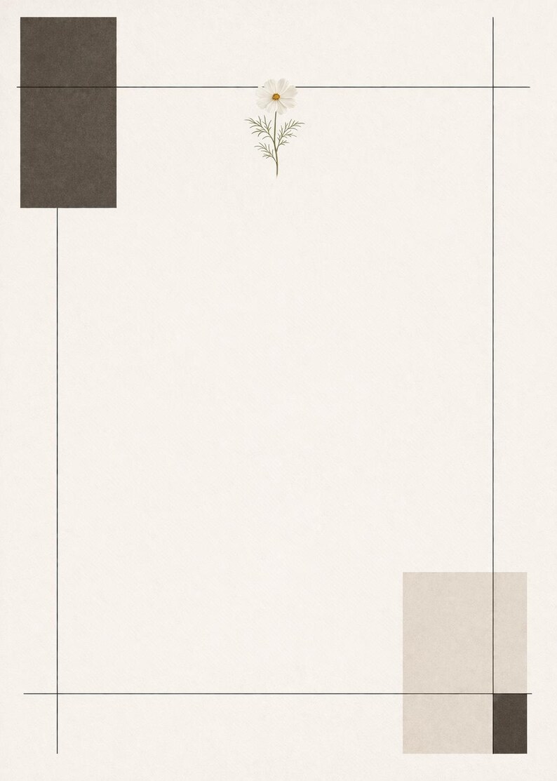 May include: Abstract art print featuring a white flower with a yellow center and green stem. The artwork includes a black square and a light brown square, connected by black lines, on a cream background. The design is minimalist and modern.