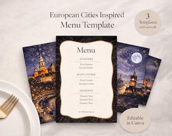 Romantic European City Menu Template, Travel Inspired Dinner (5x7 Printable)