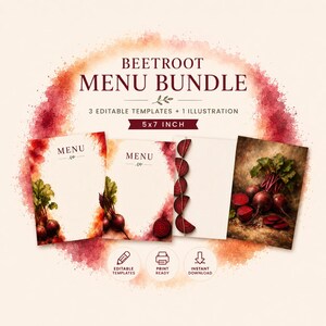 May include: Beetroot menu bundle with three editable templates and one illustration. The design features watercolor illustrations of beets and leaves. The menu templates are 5x7 inches.