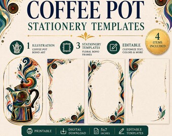 Paquete de plantillas de menú de café vanguardista, conjunto ecléctico de lienzos para espresso, diseño de menú de bistró artístico con ilustración de cafetera moka.