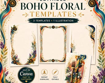 Conjunto de plantillas de menú botánico maximalista, menús de lujo Art Nouveau en Canva, diseño ecléctico para restaurantes, ilustración de cubiertos ornamentados
