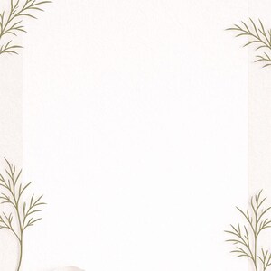 May include: A blank white paper with a textured surface, adorned with delicate white petals, a single yellow flower, and sprigs of green foliage. The composition is minimalist and evokes a sense of natural elegance.