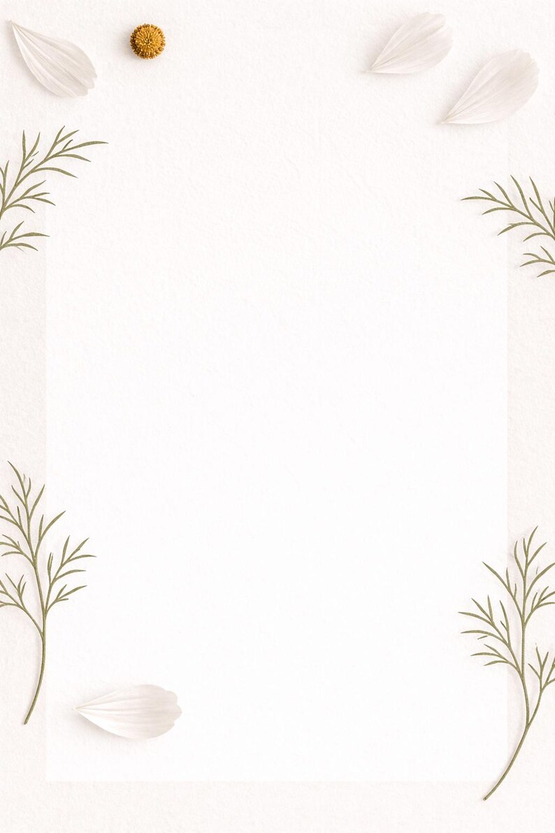 May include: A blank white paper with a textured surface, adorned with delicate white petals, a single yellow flower, and sprigs of green foliage. The composition is minimalist and evokes a sense of natural elegance.