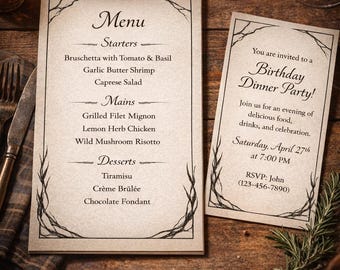 Plantilla editable de menú rústico elegante (Canva), invitación a cena (descarga instantánea)