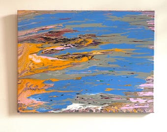 Original Abstract Canvas Painting, Blue Ochre Pink Wall Art, Modern Acrylic Artwork (20x16)