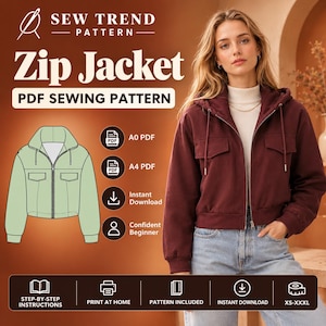 May include: A PDF sewing pattern for a zip jacket by Sew Trend Pattern. The design features a hooded jacket with a front zipper, long sleeves, and two chest pockets. Includes A0 and A4 PDF formats, instant download, and sizes XS-XXXL.