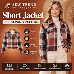 Könnte beinhalten: Ein digitales Schnittmuster für eine kurze Jacke mit einem rot-schwarz-weißen Karomuster. Das Bild zeigt den Text SEW TREND PATTERN, Short Jacket, PDF SEWING PATTERN, A0 PDF, A4 PDF, Instant Download und Confident Beginner.