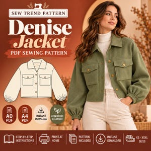 Denise Jacket Sewing Pattern PDF, Collared Button Up Jacket Sewing , Elastic Cuff Jacket Digital Download, Pocket Jacket Tutorial XS-XXXL