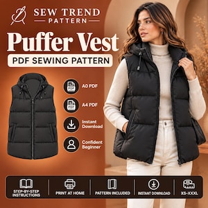 May include: A black puffer vest PDF sewing pattern by Sew Trend Pattern. The design features a hooded, sleeveless, quilted vest with a front zipper. Includes A0 and A4 PDF formats, instant download, and step-by-step instructions for sizes XS-XXXL.