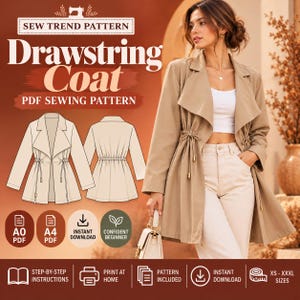 Könnte beinhalten: Ein beigefarbener Mantel mit Kordelzug, breitem Kragen, langen Ärmeln und einer durch eine funktionale Kordel gerafften Taille. Das Bild enthält den Text SEW TREND PATTERN Drawstring Coat PDF SEWING PATTERN und technische Zeichnungen.