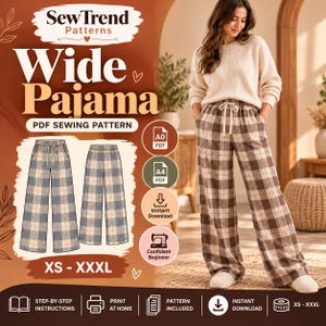 May include: A digital PDF sewing pattern for wide-leg pajama pants titled SewTrend Patterns Wide Pajama. The design features a plaid pattern in shades of brown and cream, an elastic waistband with a drawstring, and side pockets. Sizes range from XS to XXXL.