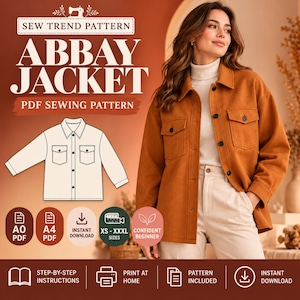 Abby Jacket Sewing Pattern PDF, Button Up Shirt Jacket Sewing Pattern, Collared Long Sleeve Jacket Digital Download, Tutorial XS-XXXL