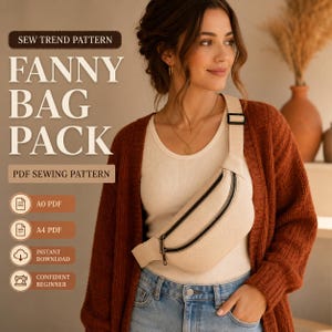 Può includere: Un marsupio beige con due scomparti con cerniera nera e una tracolla regolabile. L'immagine include il testo: SEW TREND PATTERN, FANNY BAG PACK, PDF SEWING PATTERN, A0 PDF, A4 PDF, INSTANT DOWNLOAD e CONFIDENT BEGINNER.