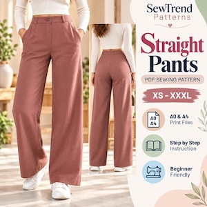 May include: Dusty rose straight trousers featuring a high-waisted design with a button closure, side pockets, and a wide-leg silhouette. The text reads SewTrend Patterns, Straight Pants, PDF SEWING PATTERN, XS - XXXL, A0 & A4 Print Files.