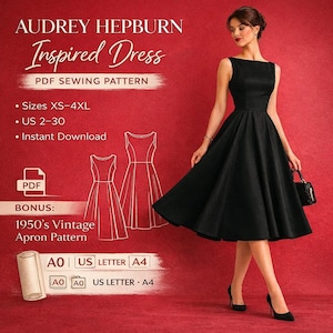Puede incluir: Una mujer con un vestido negro inspirado en Audrey Hepburn, con falda amplia y escote cuadrado, sobre fondo rojo. La imagen incluye texto que indica un patrón de costura PDF, tallas XS-4XL, tallas US 2-30 y descarga instantánea. Bono: Patrón de delantal vintage de los años 50.