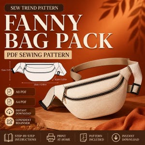 May include: A beige fanny bag pack PDF sewing pattern featuring a line drawing with dimensions of 15cm/5.91in by 33cm/12.99in by 8.5cm/3.35in. The image displays a finished beige waist bag with two black zippered compartments and an adjustable strap.