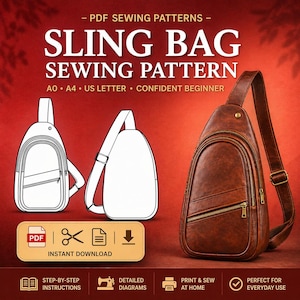 Puede incluir: Un bolso bandolera de cuero marrón con cremallera y correa ajustable. La imagen también muestra un patrón de costura para el bolso, con el texto "SLING BAG SEWING PATTERN" y "INSTANT DOWNLOAD". El patrón incluye instrucciones paso a paso.
