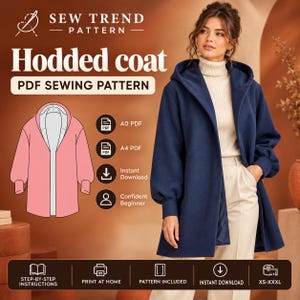 Może przedstawiać: Wykrój krawiecki w formacie PDF na płaszcz z kapturem od Sew Trend Pattern. Obraz przedstawia granatowy płaszcz z kapturem, długimi rękawami i mankietami, różowy rysunek liniowy płaszcza oraz tekst, w tym A0 PDF, A4 PDF i XS-XXXL.