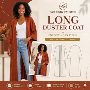 May include: A woman wearing a rust-colored long duster coat. The image includes a smaller photo of the coat and a line drawing of the coat's pattern. Text on the image reads "Long Duster Coat" and "PDF Sewing Pattern."