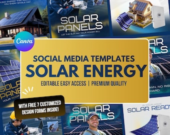 12 modelos de anúncios de energia solar em 1 para Canva | Pacote de marketing de energia solar editável + brindes