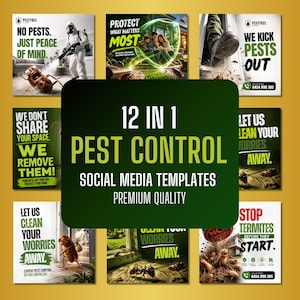 May include: A collection of twelve square social media templates for pest control services. The central dark green overlay features the white and lime green text 12 IN 1 PEST CONTROL SOCIAL MEDIA TEMPLATES PREMIUM QUALITY, surrounded by various promotional graphics.