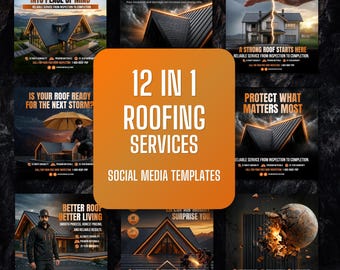 Flyer para redes sociais 12 em 1 para empresas de telhados | Modelos editáveis do Canva | Modelos de luxo