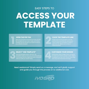 Pode incluir: Gr&aacute;fico azul e branco que detalha os passos para aceder a um modelo. O texto diz "EASY STEPS TO ACCESS YOUR TEMPLATE." As instru&ccedil;&otilde;es incluem abrir um PDF e clicar num link para personalizar.