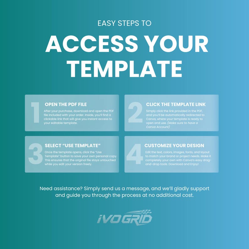 Pode incluir: Gr&aacute;fico azul e branco que detalha os passos para aceder a um modelo. O texto diz "EASY STEPS TO ACCESS YOUR TEMPLATE." As instru&ccedil;&otilde;es incluem abrir um PDF e clicar num link para personalizar.
